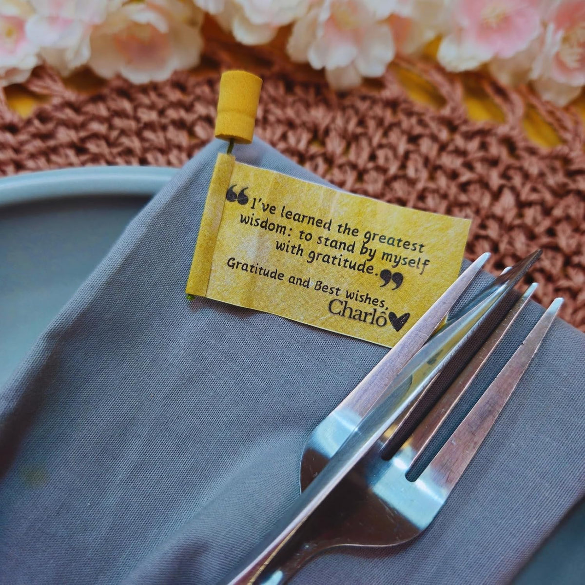Charlo's Positive Messages in a Bottle Gratitude Good Vibes Funny Pink Cherry Blossom Flower Napkin Rings for Gifts, Birthday, Thanksgiving, Wedding Dinner Table Decor Kitchen
