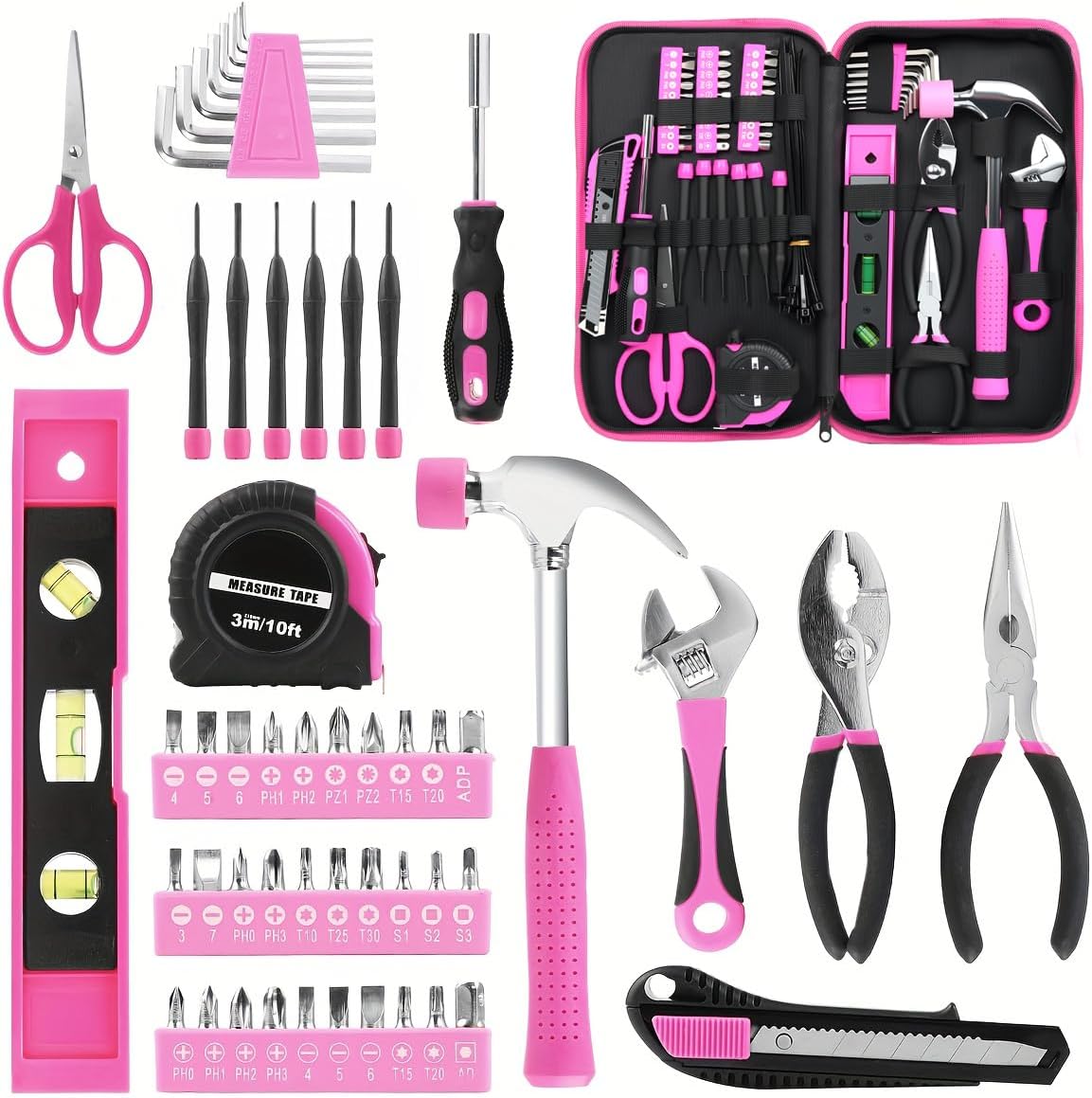 89-Piece Pink Hand Tool Set for Women - Portable All-in-One DIY Kit with Durable Cloth Carrying Pouch, Essential Household Tools for Home Maintenance, Dorm Room