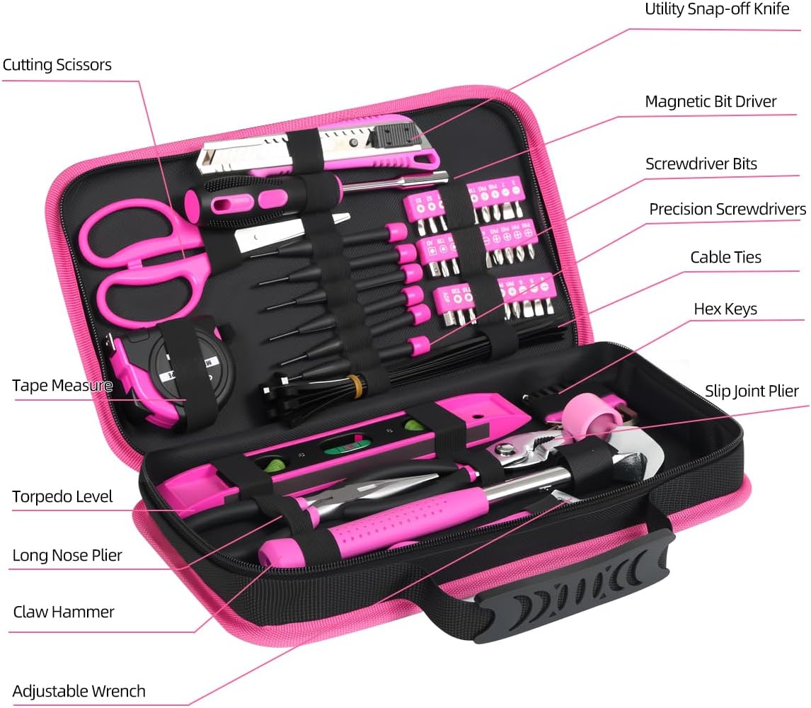 89-Piece Pink Hand Tool Set for Women - Portable All-in-One DIY Kit with Durable Cloth Carrying Pouch, Essential Household Tools for Home Maintenance, Dorm Room