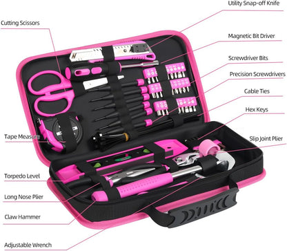89-Piece Pink Hand Tool Set for Women - Portable All-in-One DIY Kit with Durable Cloth Carrying Pouch, Essential Household Tools for Home Maintenance, Dorm Room