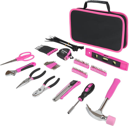 89-Piece Pink Hand Tool Set for Women - Portable All-in-One DIY Kit with Durable Cloth Carrying Pouch, Essential Household Tools for Home Maintenance, Dorm Room