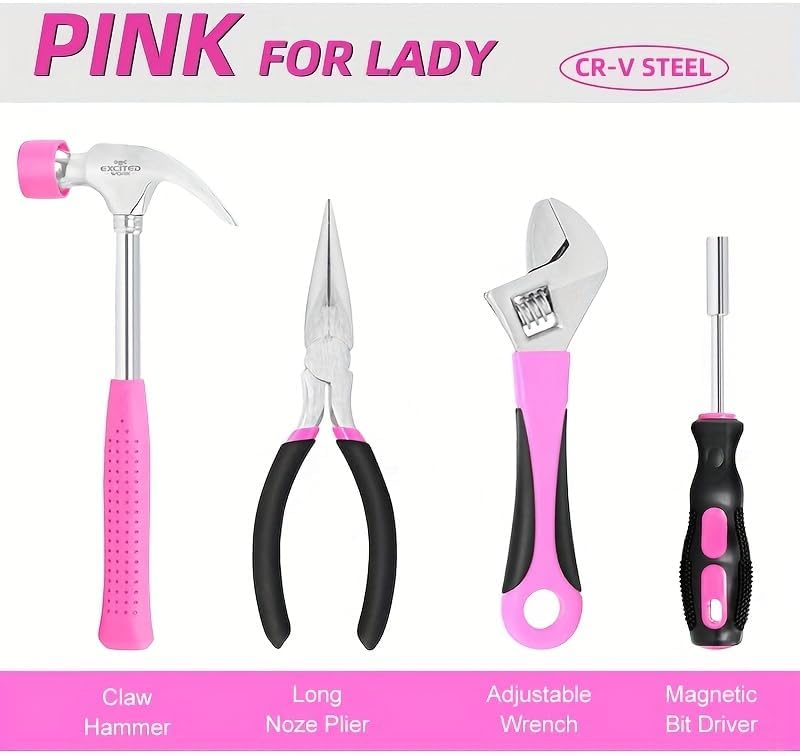89-Piece Pink Hand Tool Set for Women - Portable All-in-One DIY Kit with Durable Cloth Carrying Pouch, Essential Household Tools for Home Maintenance, Dorm Room