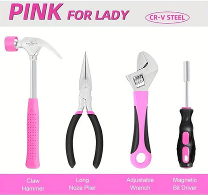 89-Piece Pink Hand Tool Set for Women - Portable All-in-One DIY Kit with Durable Cloth Carrying Pouch, Essential Household Tools for Home Maintenance, Dorm Room