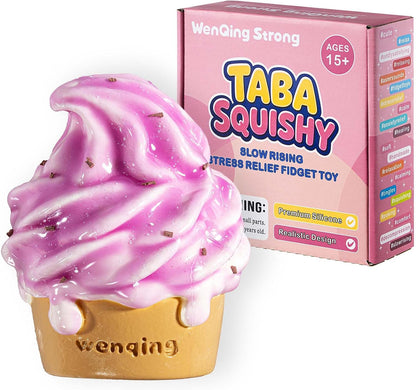 Ice Cream Cone Taba Squishy Toy, Slow Rising Stress Relief Squeeze Toy Kawaii Realistic Food Purple Fidget Premium Silicone Handmade Gift for Adults 15+ By WenQing Strong