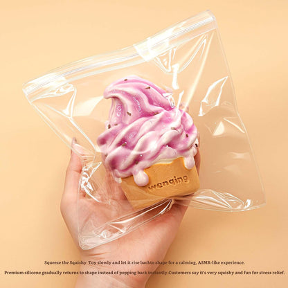 Ice Cream Cone Taba Squishy Toy, Slow Rising Stress Relief Squeeze Toy Kawaii Realistic Food Purple Fidget Premium Silicone Handmade Gift for Adults 15+ By WenQing Strong
