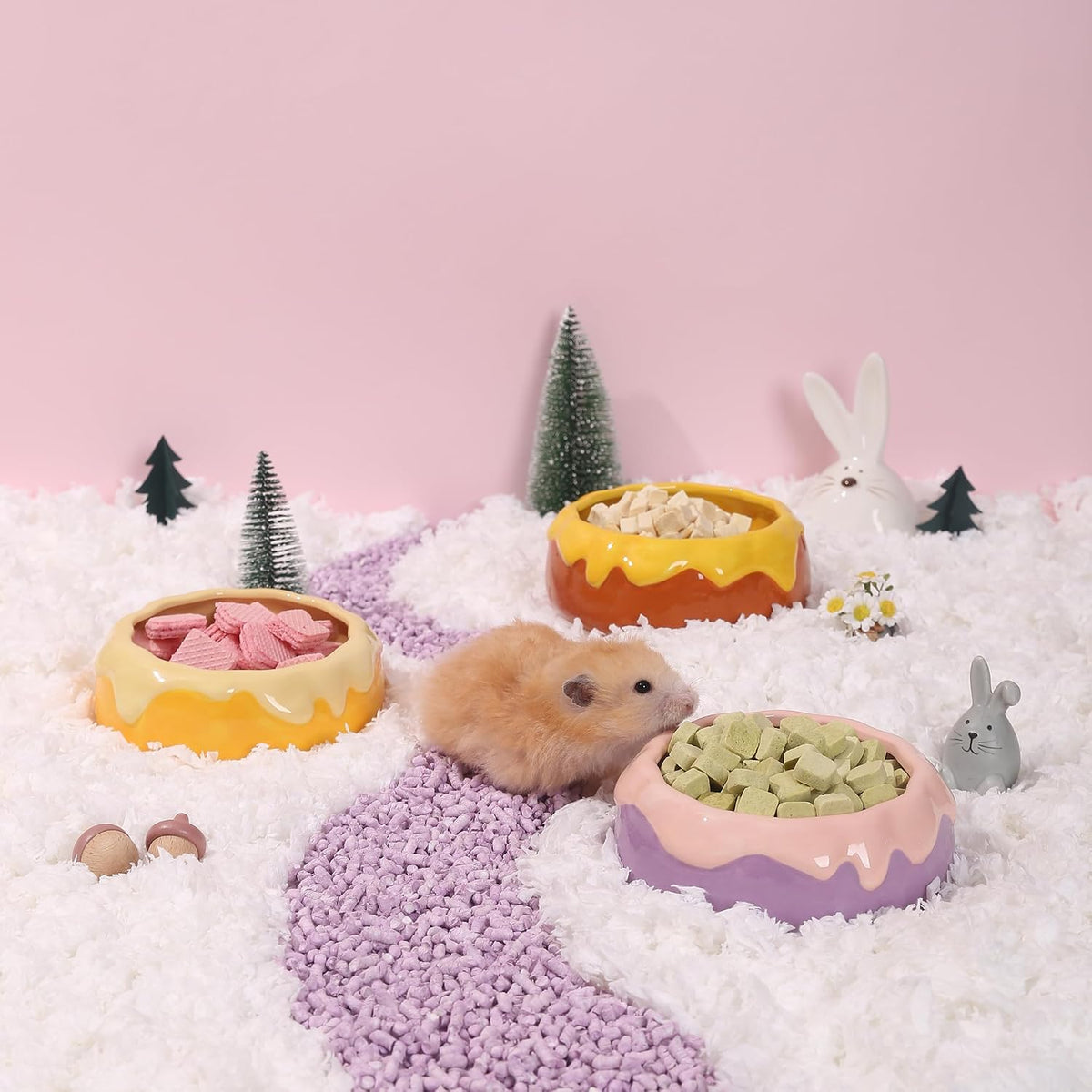Guinea Pig Food Bowl Hamster Ceramic Water Dish Anti-Spill & Prevent Tipping Rabbit Feeding Bowl for Guinea Pig, Syrian Hamster, Bunny, Rat, Chinchilla, Squirrel, Small Animals (Pink+Purple)