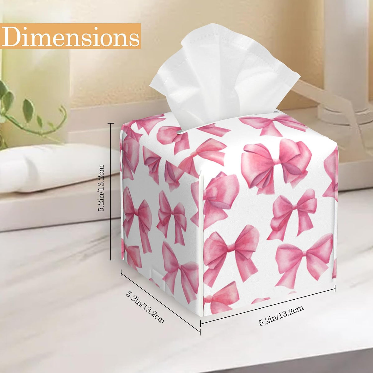 Pink Bow Tissue Box Cover Holder,Leather Tissue Case Holder Facial Paper Organizer Decorative for Tabletop Night Stands Desk Bathroom Kitchen Car Office Home Decor