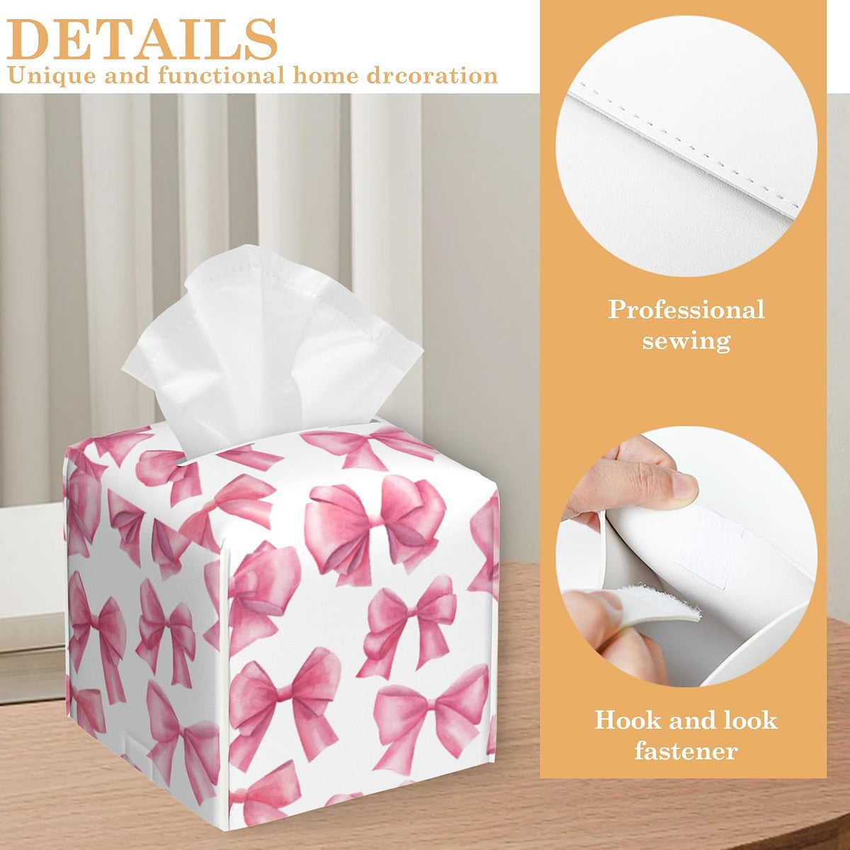 Pink Bow Tissue Box Cover Holder,Leather Tissue Case Holder Facial Paper Organizer Decorative for Tabletop Night Stands Desk Bathroom Kitchen Car Office Home Decor