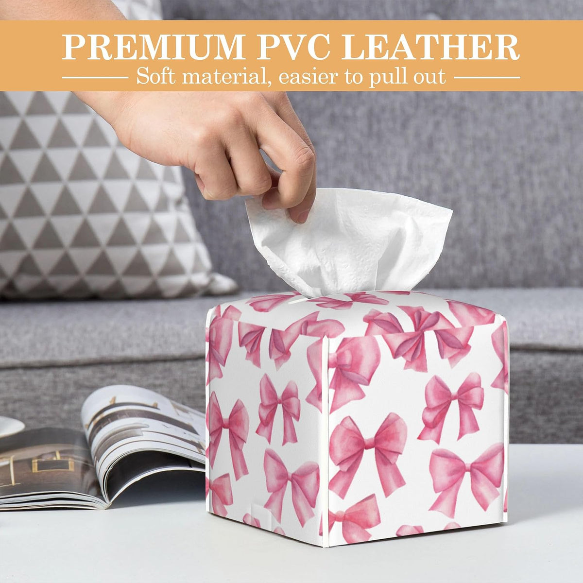 Pink Bow Tissue Box Cover Holder,Leather Tissue Case Holder Facial Paper Organizer Decorative for Tabletop Night Stands Desk Bathroom Kitchen Car Office Home Decor