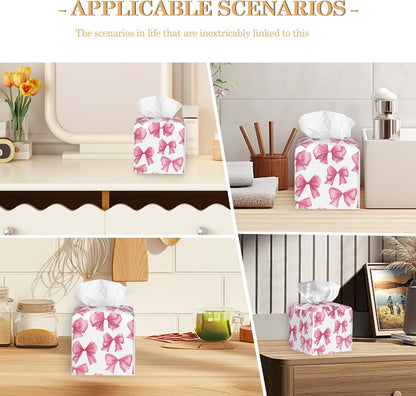 Pink Bow Tissue Box Cover Holder,Leather Tissue Case Holder Facial Paper Organizer Decorative for Tabletop Night Stands Desk Bathroom Kitchen Car Office Home Decor