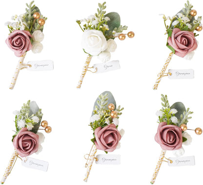 6pcs Boutonniere for Men, Dusty Rose & Cream - Artificial Wedding Flowers for Groom Groomsmen, Prom Suit - Rustic Boho Corsage with Safe Brooch Pin