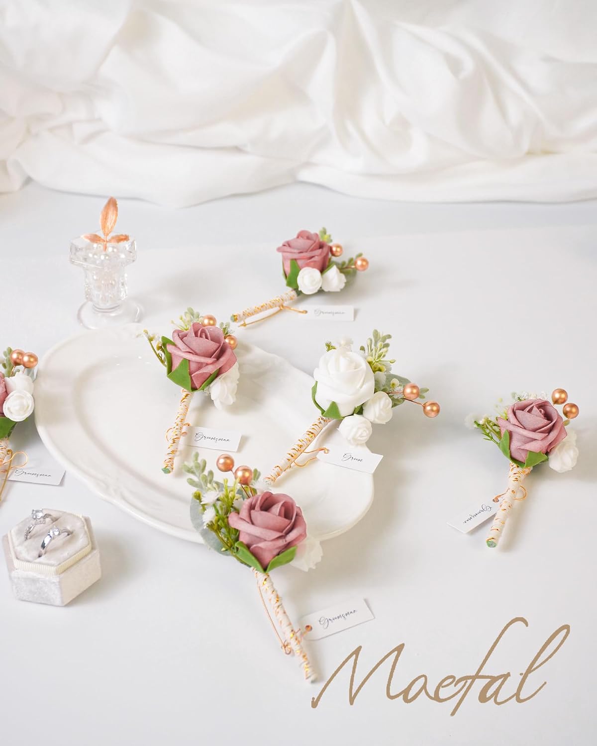 6pcs Boutonniere for Men, Dusty Rose & Cream - Artificial Wedding Flowers for Groom Groomsmen, Prom Suit - Rustic Boho Corsage with Safe Brooch Pin