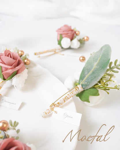 6pcs Boutonniere for Men, Dusty Rose & Cream - Artificial Wedding Flowers for Groom Groomsmen, Prom Suit - Rustic Boho Corsage with Safe Brooch Pin