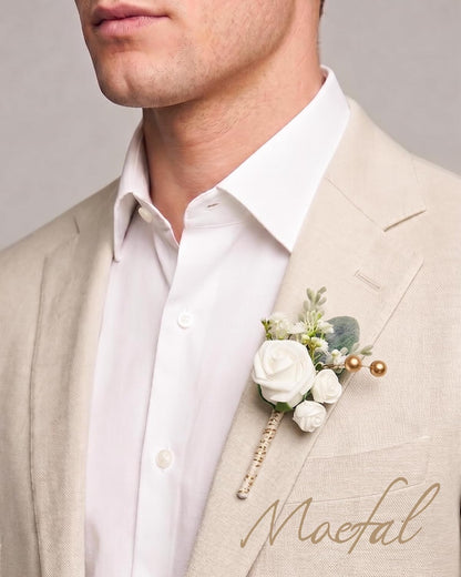 6pcs Boutonniere for Men, Dusty Rose & Cream - Artificial Wedding Flowers for Groom Groomsmen, Prom Suit - Rustic Boho Corsage with Safe Brooch Pin