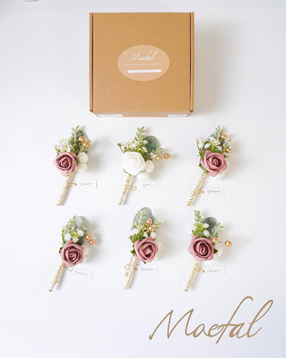 6pcs Boutonniere for Men, Dusty Rose & Cream - Artificial Wedding Flowers for Groom Groomsmen, Prom Suit - Rustic Boho Corsage with Safe Brooch Pin