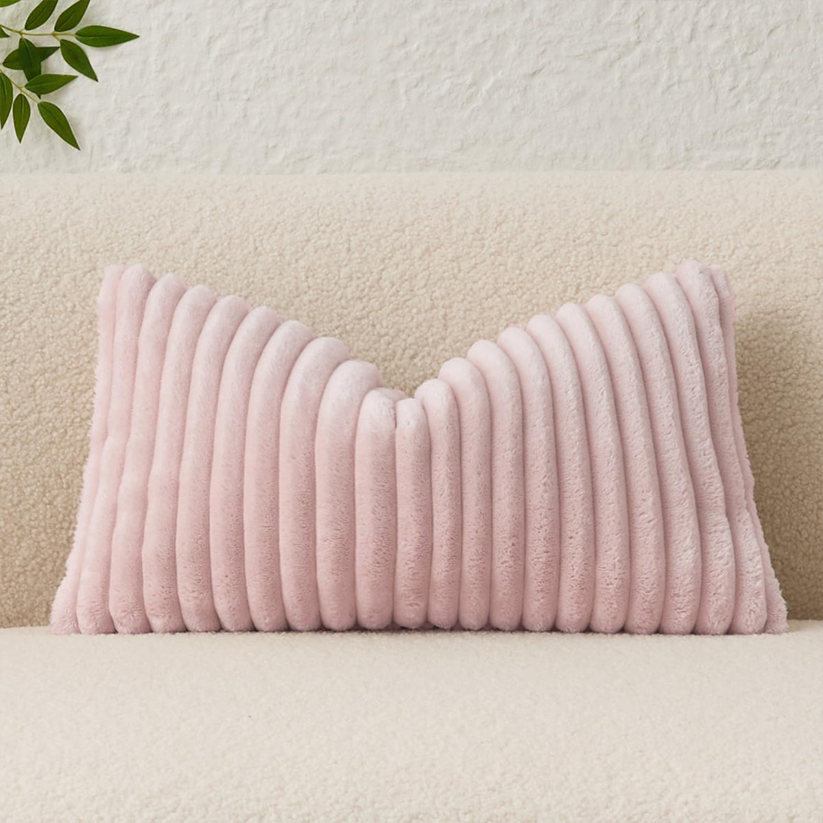 Valentines Day Soft Plush 12x20 Inch Lumbar Pillow Cover 1 Pack, Luxury Fluffy Faux Fur Striped Flannel Rectangle Cushion Case for Couch Sofa Chair Bed Home Decor Girls Gift, Light Pink