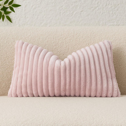 Valentines Day Soft Plush 12x20 Inch Lumbar Pillow Cover 1 Pack, Luxury Fluffy Faux Fur Striped Flannel Rectangle Cushion Case for Couch Sofa Chair Bed Home Decor Girls Gift, Light Pink
