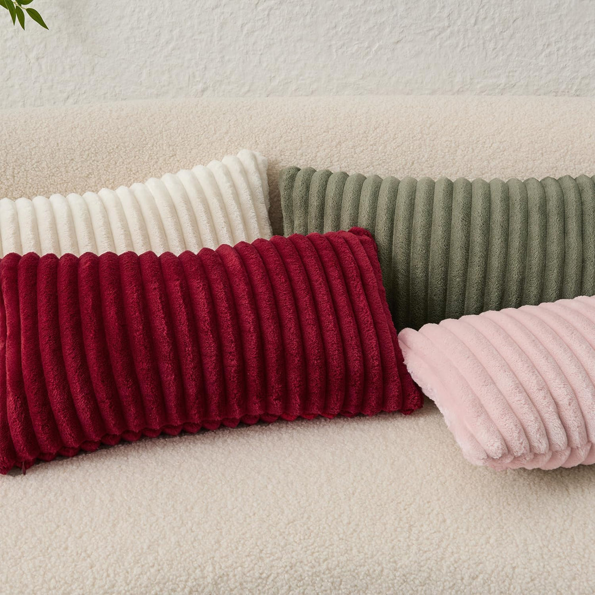 Valentines Day Soft Plush 12x20 Inch Lumbar Pillow Cover 1 Pack, Luxury Fluffy Faux Fur Striped Flannel Rectangle Cushion Case for Couch Sofa Chair Bed Home Decor Girls Gift, Light Pink