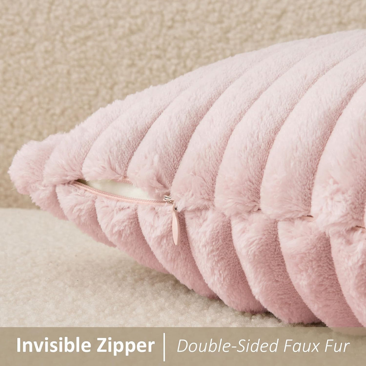 Valentines Day Soft Plush 12x20 Inch Lumbar Pillow Cover 1 Pack, Luxury Fluffy Faux Fur Striped Flannel Rectangle Cushion Case for Couch Sofa Chair Bed Home Decor Girls Gift, Light Pink