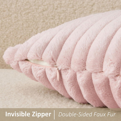Valentines Day Soft Plush 12x20 Inch Lumbar Pillow Cover 1 Pack, Luxury Fluffy Faux Fur Striped Flannel Rectangle Cushion Case for Couch Sofa Chair Bed Home Decor Girls Gift, Light Pink