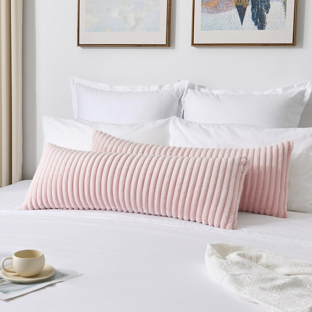 Valentines Day Soft Plush 12x20 Inch Lumbar Pillow Cover 1 Pack, Luxury Fluffy Faux Fur Striped Flannel Rectangle Cushion Case for Couch Sofa Chair Bed Home Decor Girls Gift, Light Pink