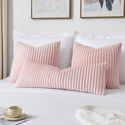 Valentines Day Soft Plush 12x20 Inch Lumbar Pillow Cover 1 Pack, Luxury Fluffy Faux Fur Striped Flannel Rectangle Cushion Case for Couch Sofa Chair Bed Home Decor Girls Gift, Light Pink