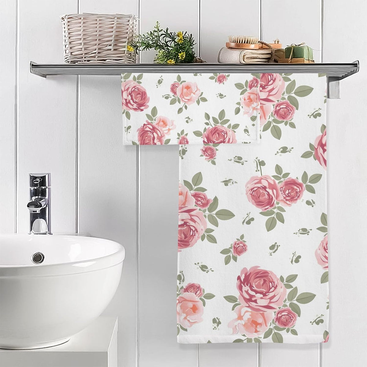 Flower Bath Towel Set, Pink Rose Flowers Floral Cotton Bath Towels Soft Highly Absorbent Fast Drying for Bathroom Gym Hotel Beach, 1 Bath Towel 1 Washcloth