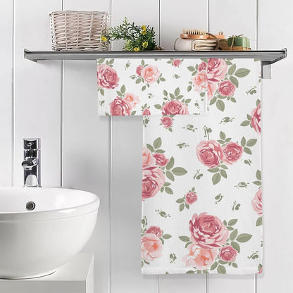 Flower Bath Towel Set, Pink Rose Flowers Floral Cotton Bath Towels Soft Highly Absorbent Fast Drying for Bathroom Gym Hotel Beach, 1 Bath Towel 1 Washcloth