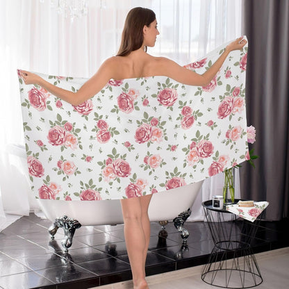 Flower Bath Towel Set, Pink Rose Flowers Floral Cotton Bath Towels Soft Highly Absorbent Fast Drying for Bathroom Gym Hotel Beach, 1 Bath Towel 1 Washcloth