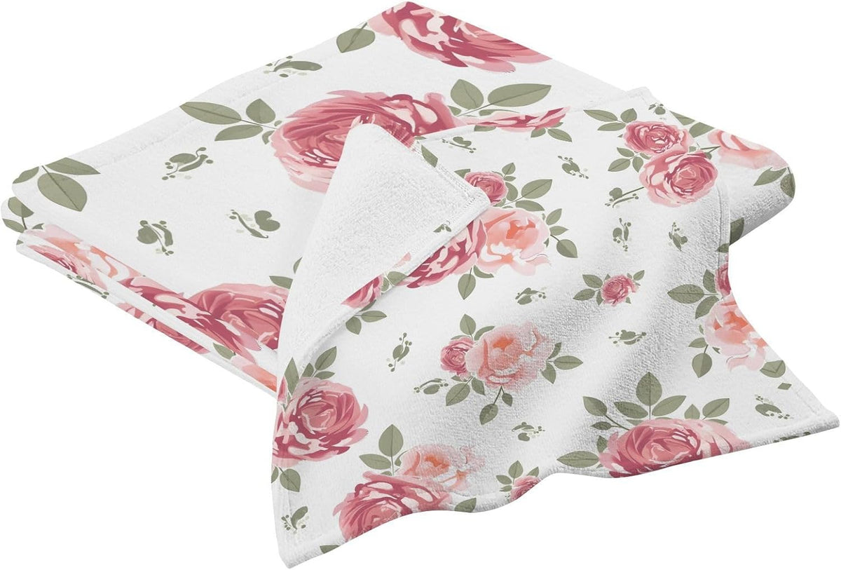 Flower Bath Towel Set, Pink Rose Flowers Floral Cotton Bath Towels Soft Highly Absorbent Fast Drying for Bathroom Gym Hotel Beach, 1 Bath Towel 1 Washcloth