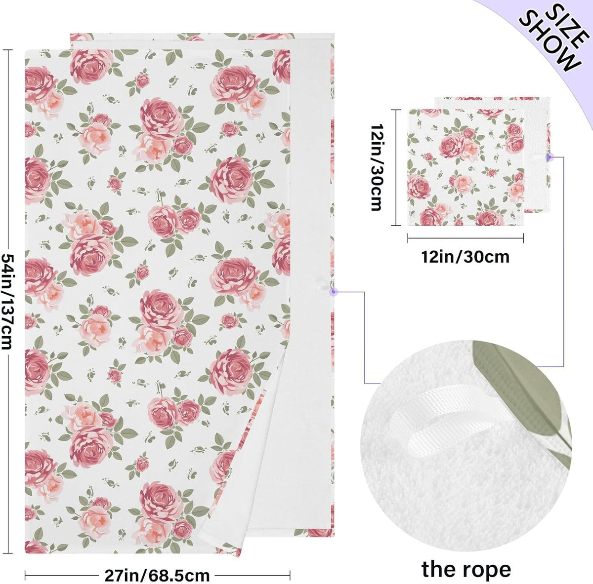 Flower Bath Towel Set, Pink Rose Flowers Floral Cotton Bath Towels Soft Highly Absorbent Fast Drying for Bathroom Gym Hotel Beach, 1 Bath Towel 1 Washcloth