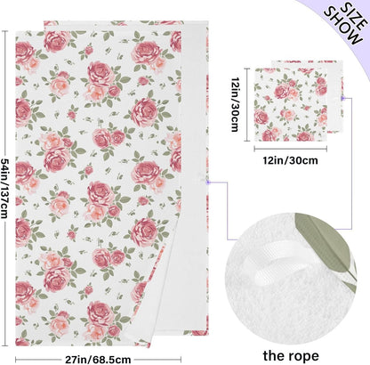 Flower Bath Towel Set, Pink Rose Flowers Floral Cotton Bath Towels Soft Highly Absorbent Fast Drying for Bathroom Gym Hotel Beach, 1 Bath Towel 1 Washcloth