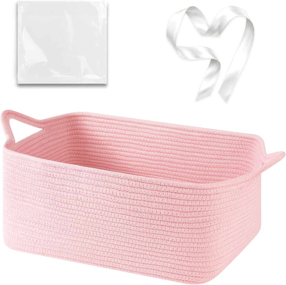 Large Empty Cotton Rope Gift Basket with Handles, 16.5"x12.6"x7" Decorative Woven Storage Basket with Gift Bag and Ribbon Set for Baby Shower, Toy Organizer for Kids, Dogs & Cats - Pink