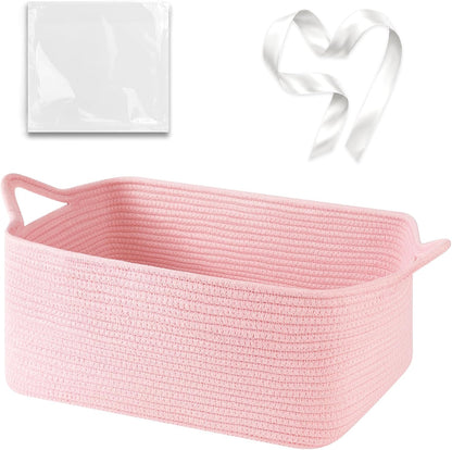 Large Empty Cotton Rope Gift Basket with Handles, 16.5"x12.6"x7" Decorative Woven Storage Basket with Gift Bag and Ribbon Set for Baby Shower, Toy Organizer for Kids, Dogs & Cats - Pink