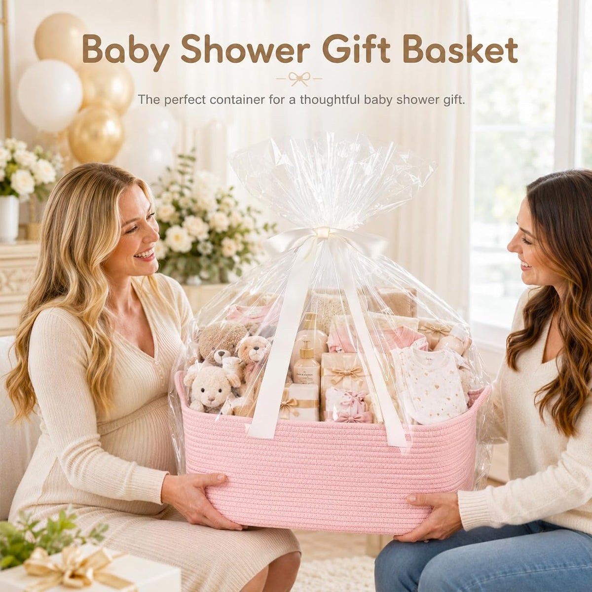 Large Empty Cotton Rope Gift Basket with Handles, 16.5"x12.6"x7" Decorative Woven Storage Basket with Gift Bag and Ribbon Set for Baby Shower, Toy Organizer for Kids, Dogs & Cats - Pink