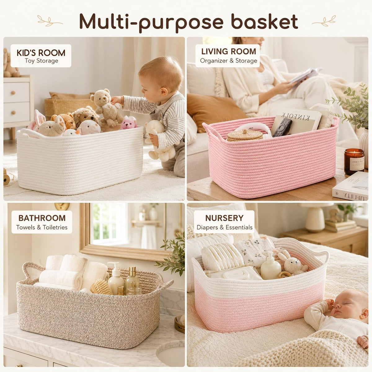 Large Empty Cotton Rope Gift Basket with Handles, 16.5"x12.6"x7" Decorative Woven Storage Basket with Gift Bag and Ribbon Set for Baby Shower, Toy Organizer for Kids, Dogs & Cats - Pink