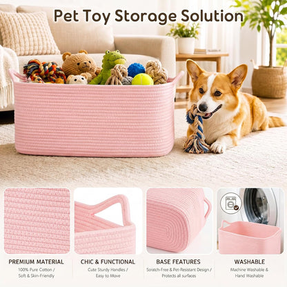 Large Empty Cotton Rope Gift Basket with Handles, 16.5"x12.6"x7" Decorative Woven Storage Basket with Gift Bag and Ribbon Set for Baby Shower, Toy Organizer for Kids, Dogs & Cats - Pink