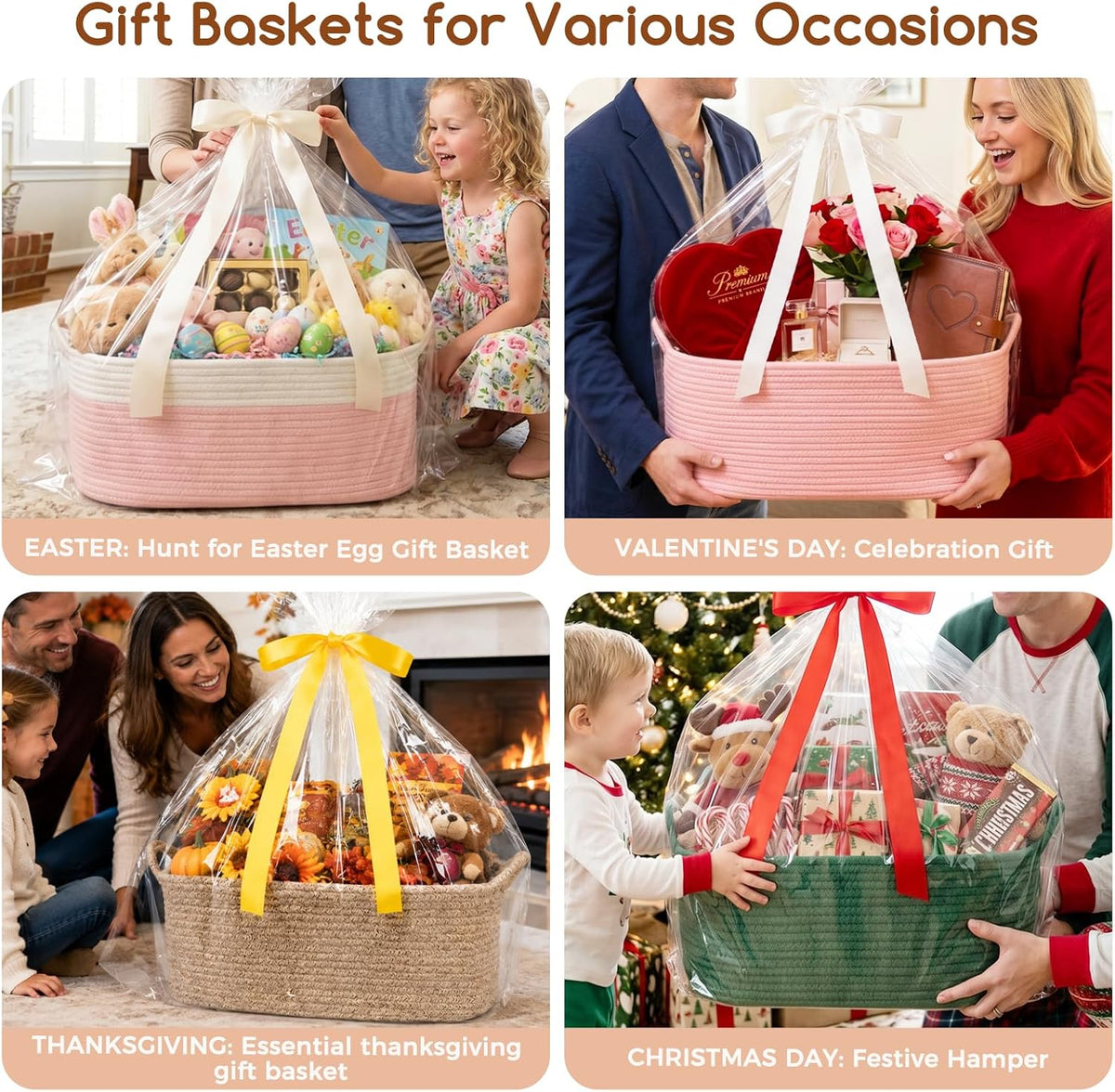 Large Empty Cotton Rope Gift Basket with Handles, 16.5"x12.6"x7" Decorative Woven Storage Basket with Gift Bag and Ribbon Set for Baby Shower, Toy Organizer for Kids, Dogs & Cats - Pink