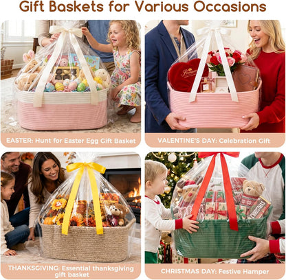 Large Empty Cotton Rope Gift Basket with Handles, 16.5"x12.6"x7" Decorative Woven Storage Basket with Gift Bag and Ribbon Set for Baby Shower, Toy Organizer for Kids, Dogs & Cats - Pink
