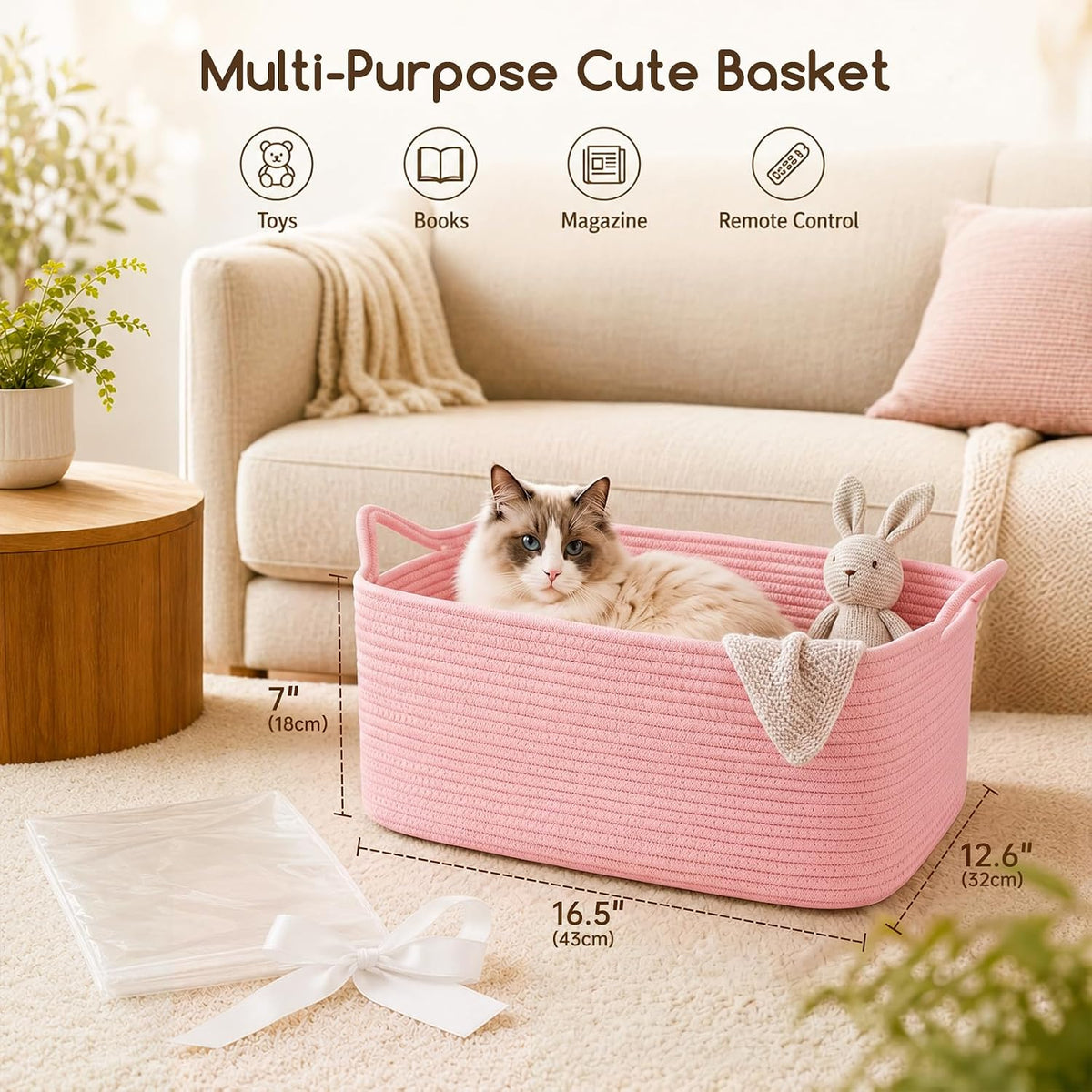Large Empty Cotton Rope Gift Basket with Handles, 16.5"x12.6"x7" Decorative Woven Storage Basket with Gift Bag and Ribbon Set for Baby Shower, Toy Organizer for Kids, Dogs & Cats - Pink
