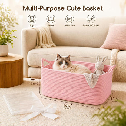 Large Empty Cotton Rope Gift Basket with Handles, 16.5"x12.6"x7" Decorative Woven Storage Basket with Gift Bag and Ribbon Set for Baby Shower, Toy Organizer for Kids, Dogs & Cats - Pink