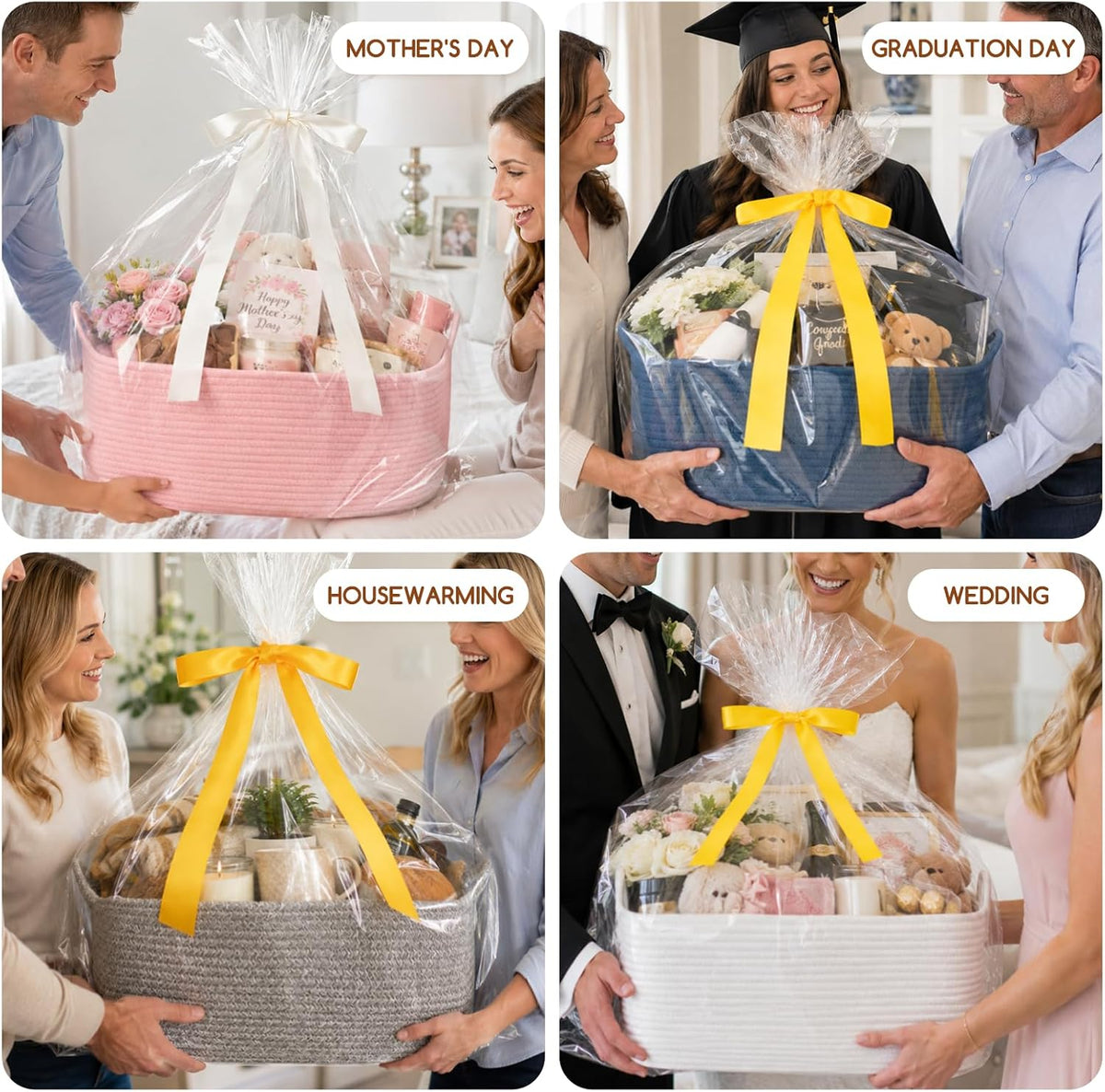 Large Empty Cotton Rope Gift Basket with Handles, 16.5"x12.6"x7" Decorative Woven Storage Basket with Gift Bag and Ribbon Set for Baby Shower, Toy Organizer for Kids, Dogs & Cats - Pink