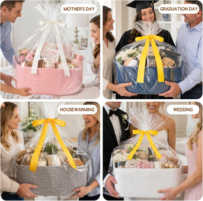 Large Empty Cotton Rope Gift Basket with Handles, 16.5"x12.6"x7" Decorative Woven Storage Basket with Gift Bag and Ribbon Set for Baby Shower, Toy Organizer for Kids, Dogs & Cats - Pink