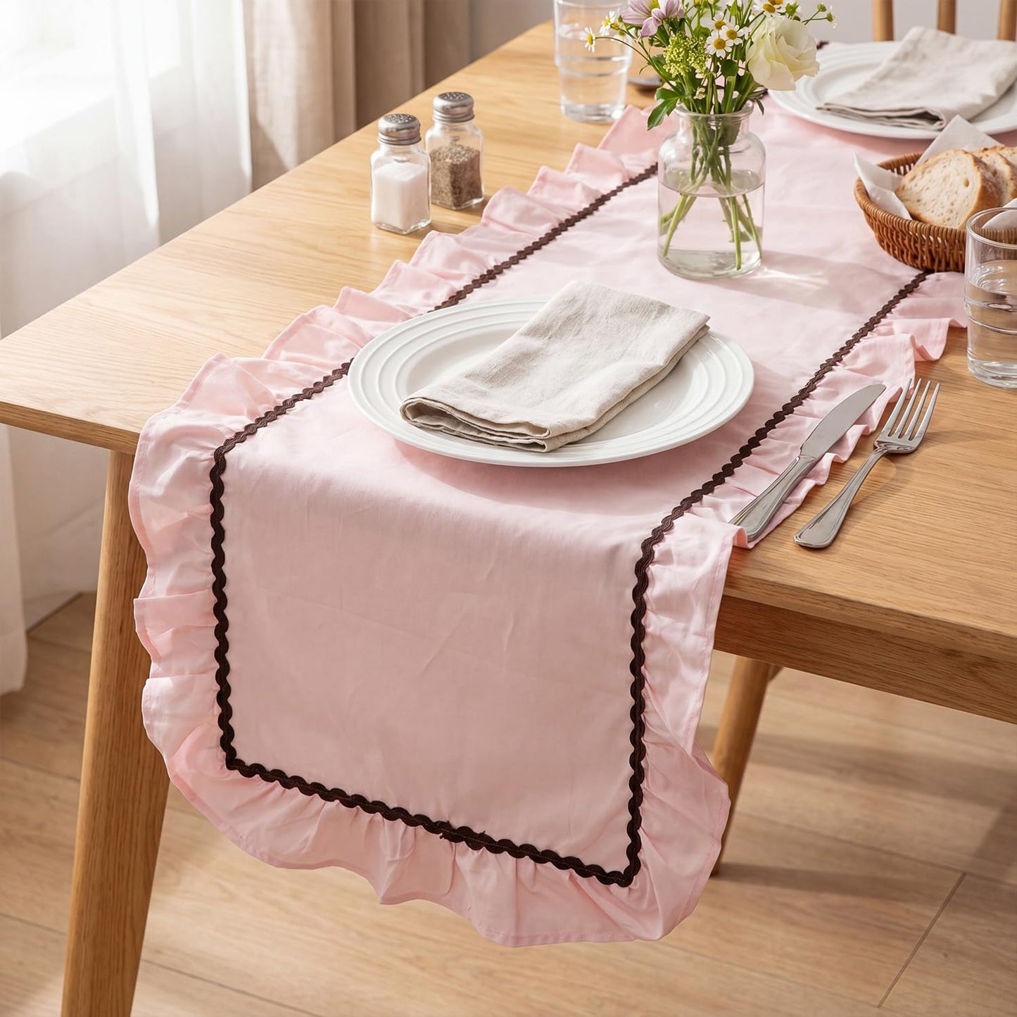 1 Pack Ruffle Table Runner 90 x 16'' Farmhouse Scalloped Pleated Table Runner Cotton Scalloped Long Dresser Scarves for Dining Room, Wedding, Kitchen Rustic Home Decor(Solid,Pink)