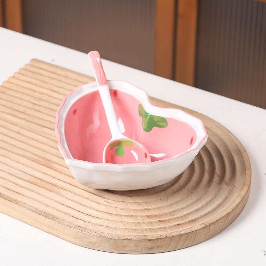 Heart Shape Ceramic Dinnerware Set, Cute Strawberry Tableware Set, Dessert Plate, Salad Bowl, Appetizer Snack Mixing Bowl with Spoon - Pink Set