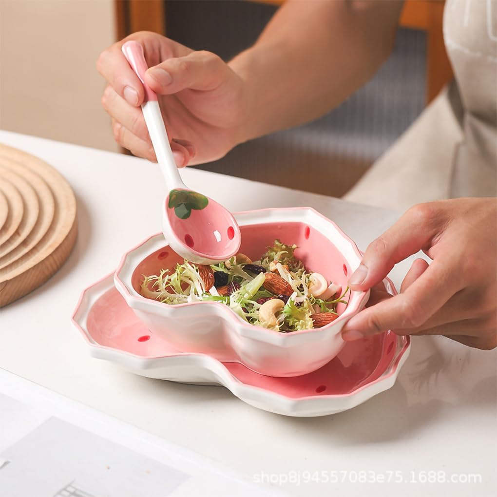 Heart Shape Ceramic Dinnerware Set, Cute Strawberry Tableware Set, Dessert Plate, Salad Bowl, Appetizer Snack Mixing Bowl with Spoon - Pink Set