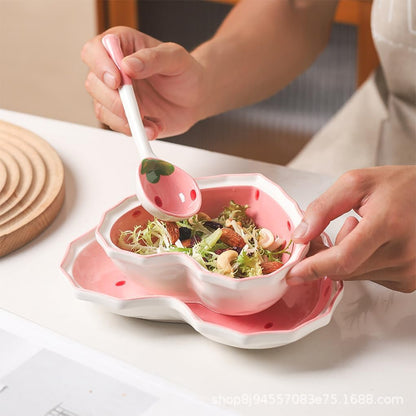 Heart Shape Ceramic Dinnerware Set, Cute Strawberry Tableware Set, Dessert Plate, Salad Bowl, Appetizer Snack Mixing Bowl with Spoon - Pink Set