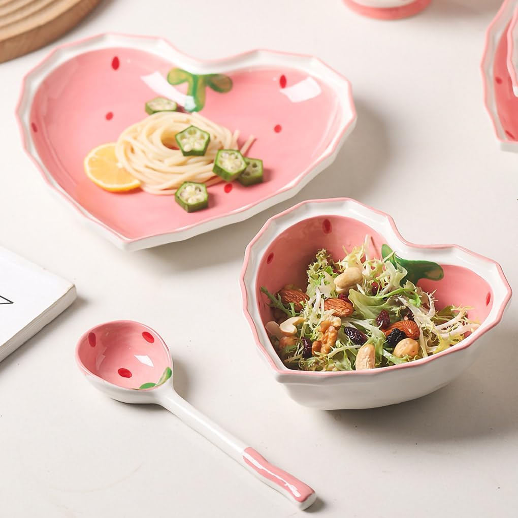 Heart Shape Ceramic Dinnerware Set, Cute Strawberry Tableware Set, Dessert Plate, Salad Bowl, Appetizer Snack Mixing Bowl with Spoon - Pink Set