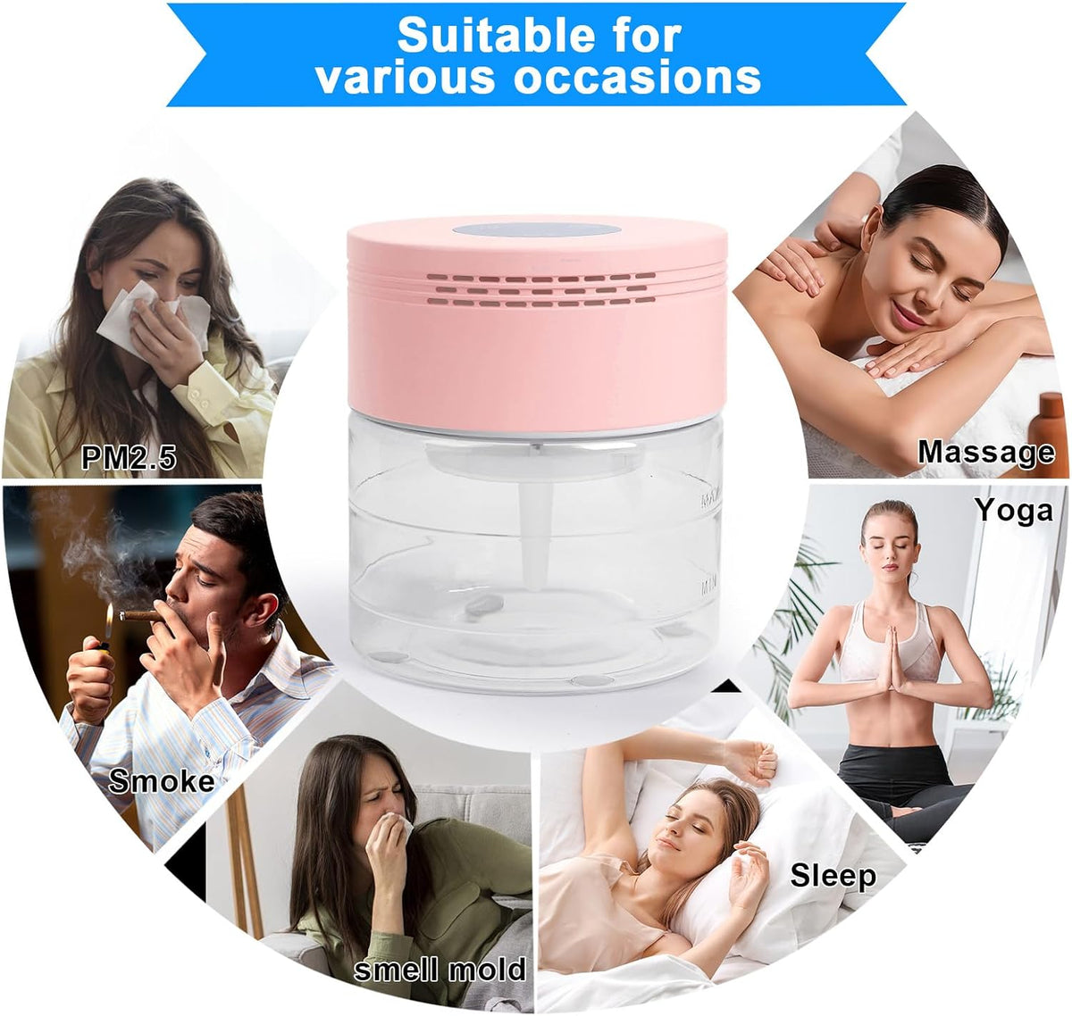 Water Air Purifiers for Home, Water Based Air Purifiers, Quiet 3-Speed Air Washer Aroma Diffuser, 8-Color Light Air Revitalizer, 24H Auto Shut-off Humidifier for Bedroom, Office, Living room, Pink