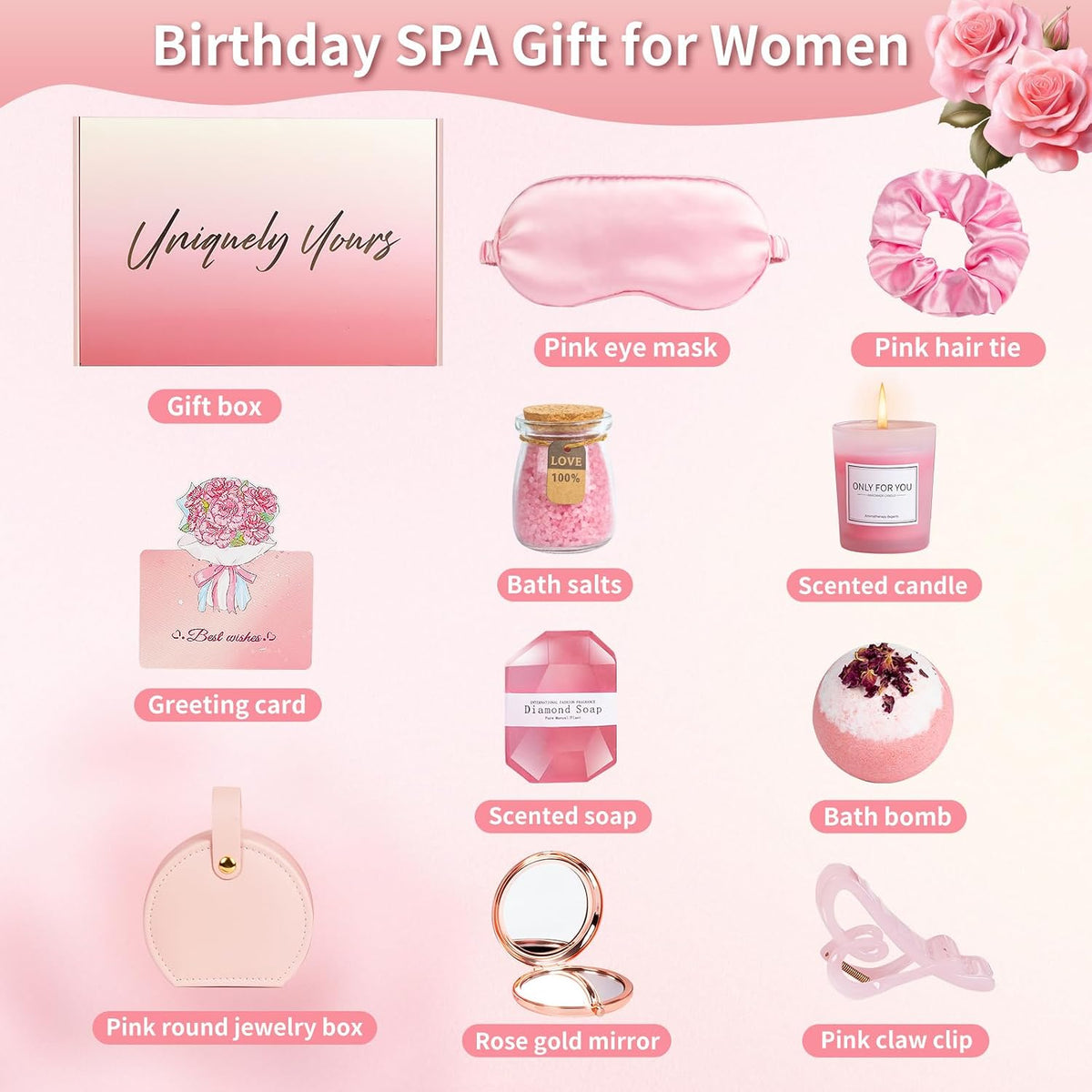 Birthday Gifts for Women, Pink Self-Care Spa Kit Gift, Relaxing Birthday & Thinking of You Care Package for Her, Mom, Wife, Girlfriend, Valentine’s Day Present for Her